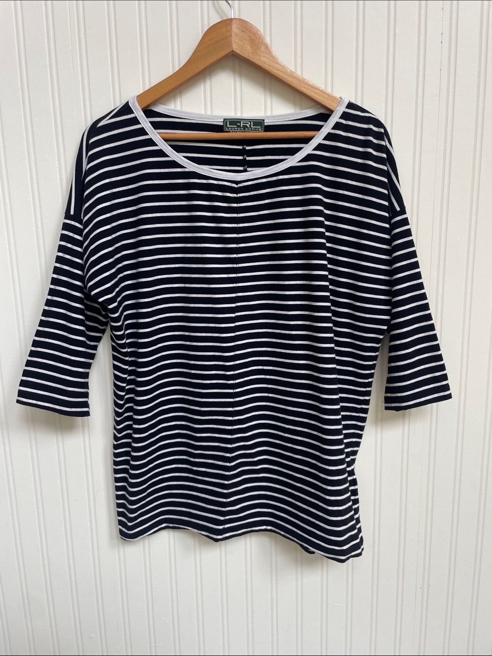 Lauren Ralph Lauren Active Black & White Striped 3/4 Sleeve Boatneck Top